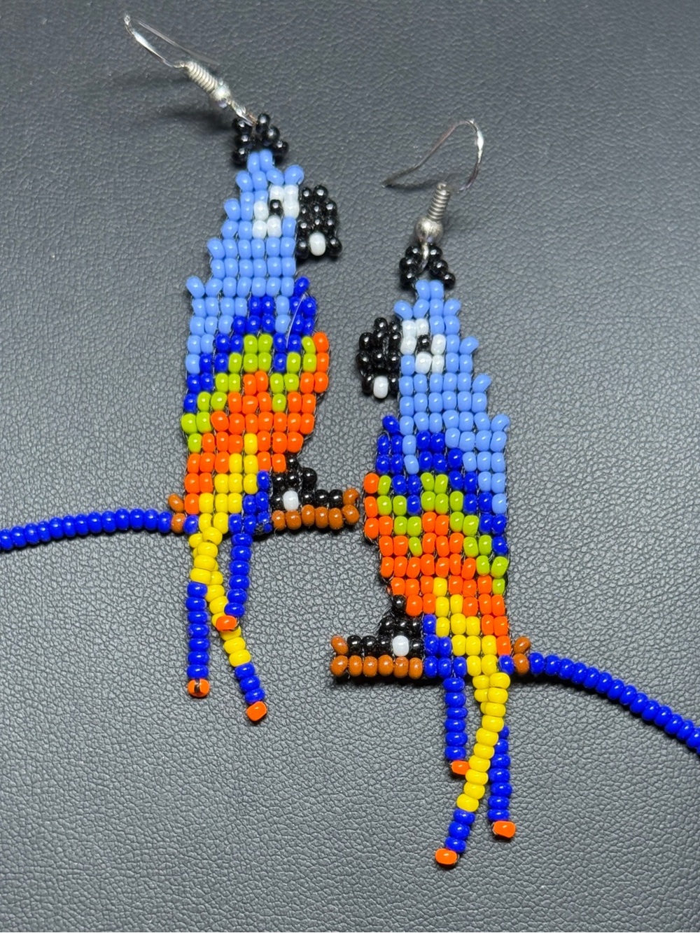 Hand Crafted Blue, Orange, Yellow Beaded Macau Earrings - Picture 4 of 4